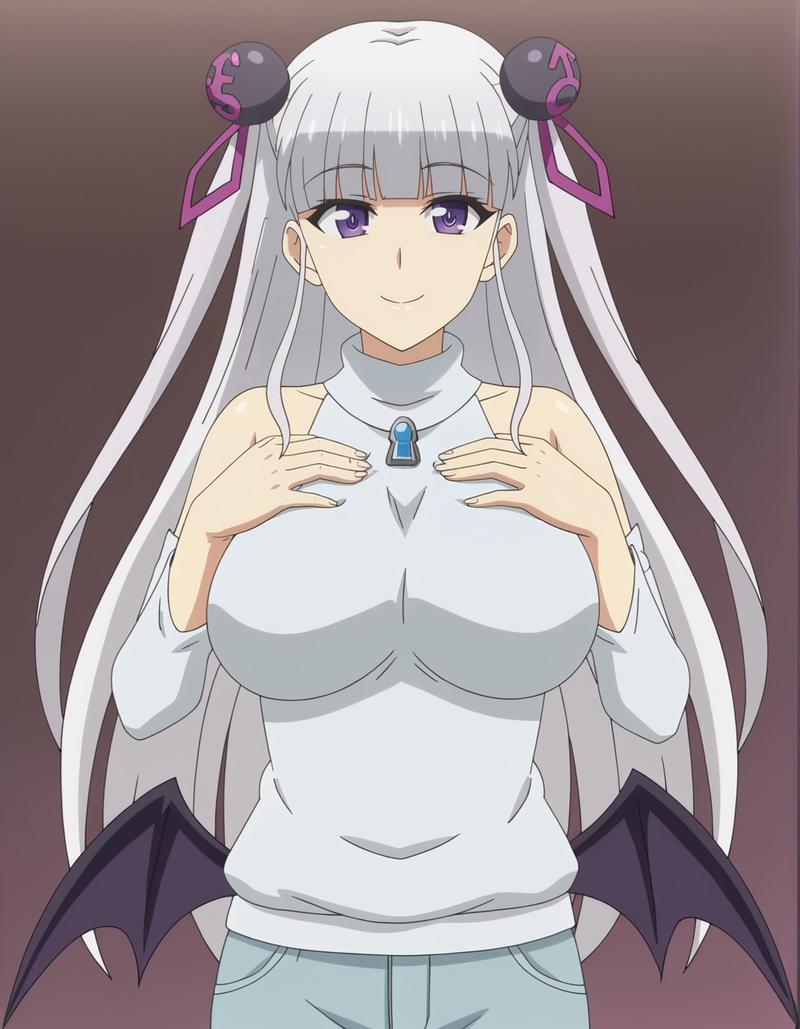 1girl,anime screencap,solo, <lora:MariaNaruse_16XL:0.8> maria_naruse, purple eyes, bangs, white hair,long hair,hair ornament,dress,hands on breasts,large breasts, 40 y.o. woman,mature,milf,smile,sweater,detached sleeves,pants,demonic wings,succube