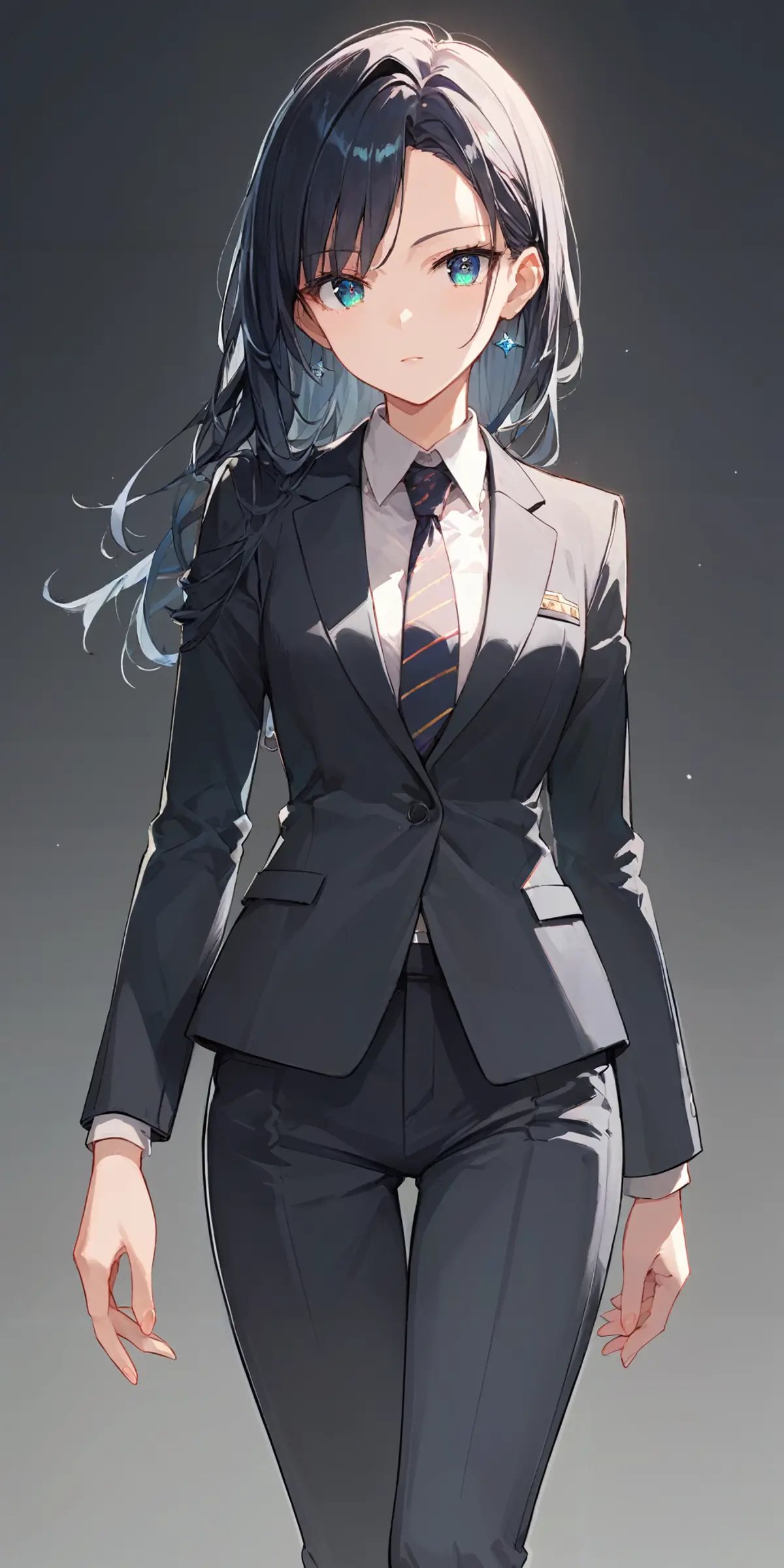 score_9, score_8_up, score_7_up,source_anime, high res image,masterpiece,best quality,girl,cute face,clear skin,shiny hair,ultra detailed eyes,simple background, <lora:suit_pony_V1.0:1>  suit, necktie,pants