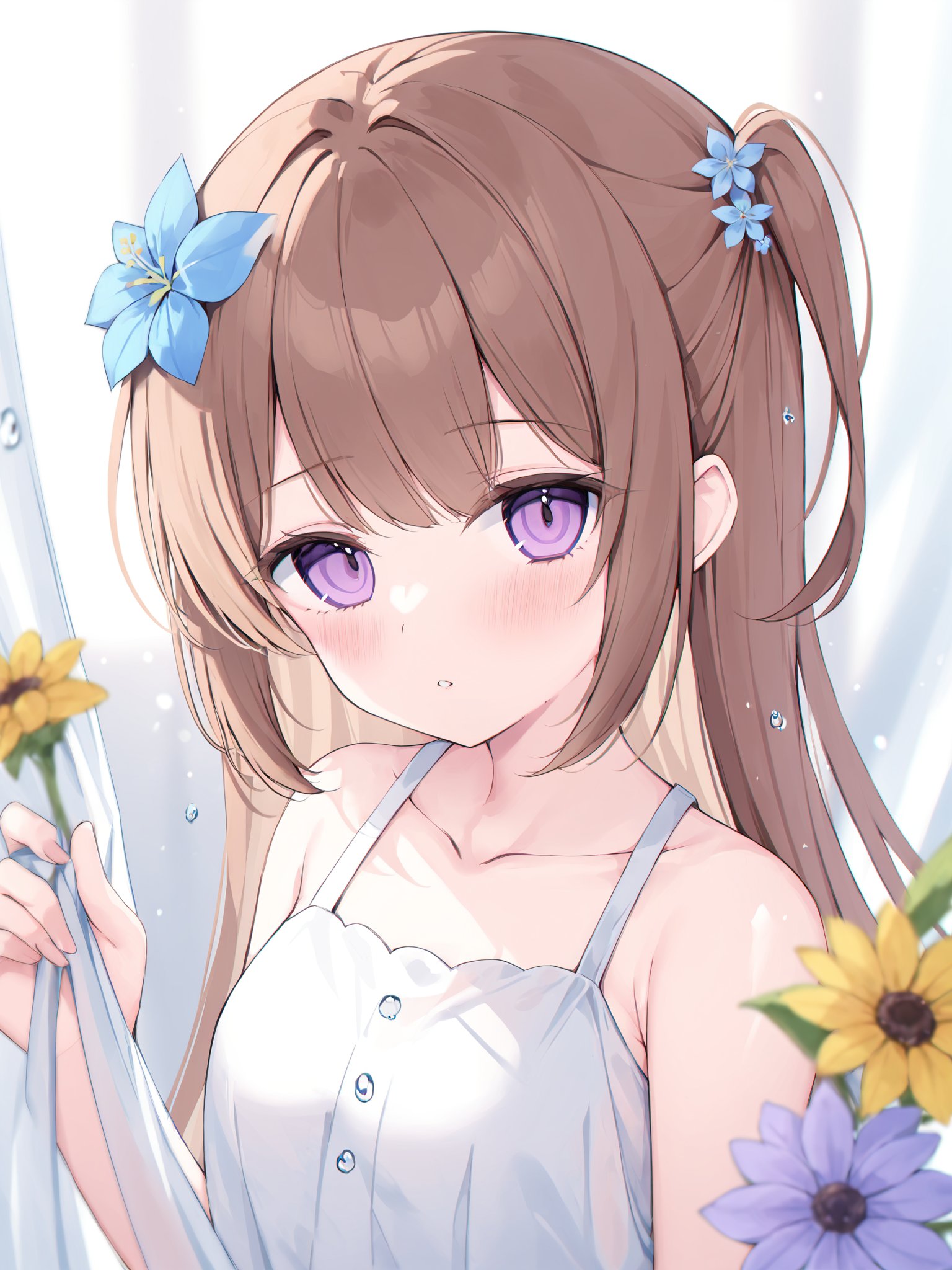 (masterpiece),(bestquality), 1girl, flower, solo, brown_hair, dress, looking_at_viewer, hair_ornament, purple_eyes, collarbone, white_dress, purple_flower, hair_flower, parted_lips, blush, bare_shoulders, upper_body, one_side_up, blurry, white_flower, blue_flower, curtain_grab, curtains, depth_of_field, water_drop, holding, transparent, sleeveless_dress, yellow_flower, sleeveless<lora:heyiling-v3-000012:0.8>,ringed eyes,