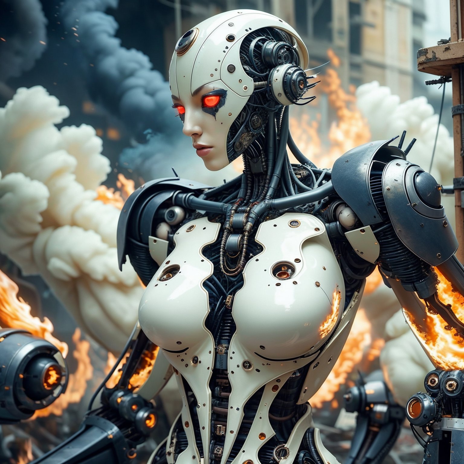 <lora:Reel_mechanical_parts_v_1_3:1> reelmech, mechanical parts,  fighting , glowing eyes, short hair,torn tight supersuit, in a destroyed city, smoke and fire, glowing power aura, dynamic pose, dynamic view