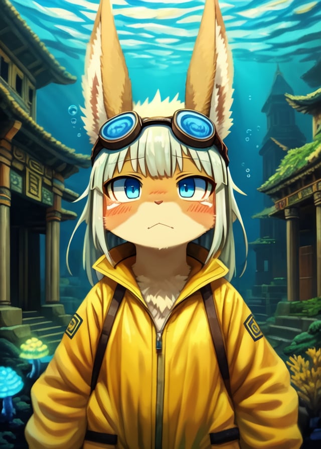 by Kinokoningen, by NHK Animation, [:by Ruan Jia:0.65],solo (nanachi:1.2), (\:\<, multi tone body, blue eyes),(safety goggles, jumpsuit), swimming,(front view, half-length portrait, looking at viewer),BREAK,(underwater, temple, town, building, glowing fungus, yellow light), masterpiece, best quality, 4k, 2k, (high detail, oil painting:1.25), absurd res