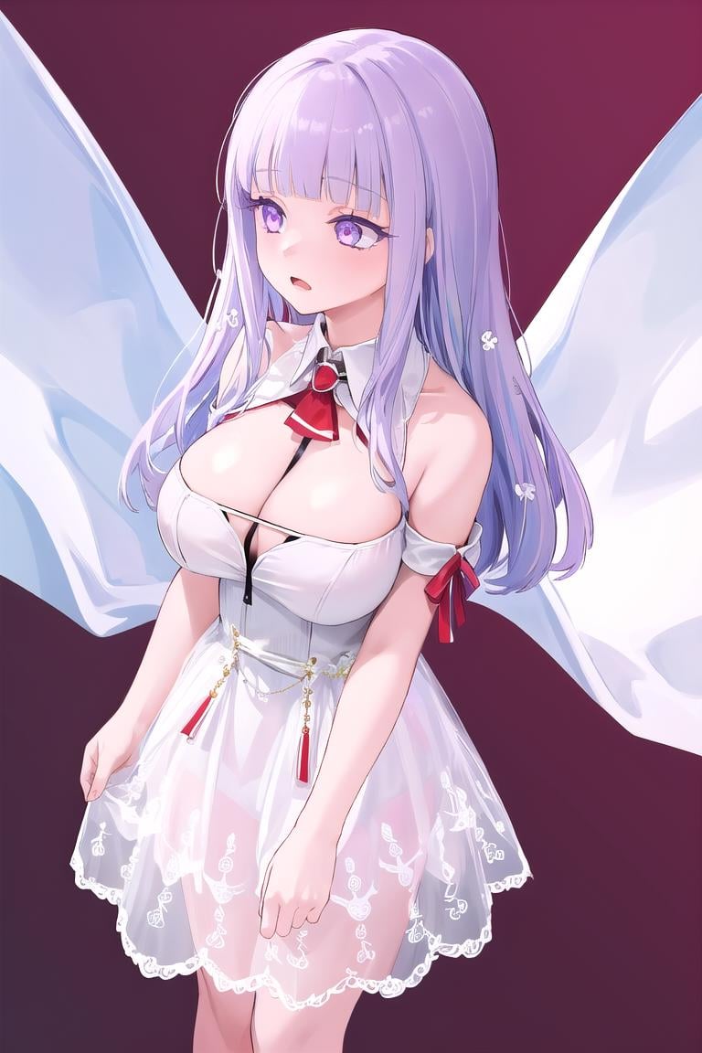 (masterpiece:1.3), best quality, high quality, absurdres, 8K, ultra HD, high resolution, extremely detailed, 1girl, solo, solo focus, 1girl, solo, from above, standing, looking away, leaning forward, v arms, plmtazln, long hair, large breasts, bare shoulders, blunt bangs, white dress, see-through dress, cleavage cutout, (between breasts:1.3), open mouth, expressionless, simple background, <lora:plmtazln_v306e1:1> 