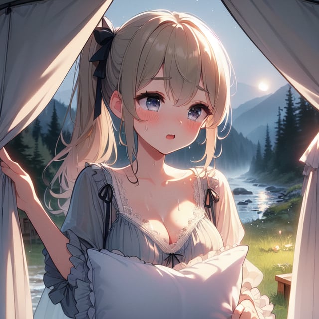 (((masterpiece))),  (((best quality))),  ((camping tent)),  ((open door curtain)),  (((holding pillow))),  ((gray frills chiffon pajamas)),  (((night))),  moon,  ((wind)),  cleavage,  big tits,  collarbone,  ((sweat)),  ribbon,  blond ponytail,  open mouth,  rosy lips,  shy,  blush,  sleepy,  grass,  valley,  forest,<lora:EMS-272345-EMS:1.000000>