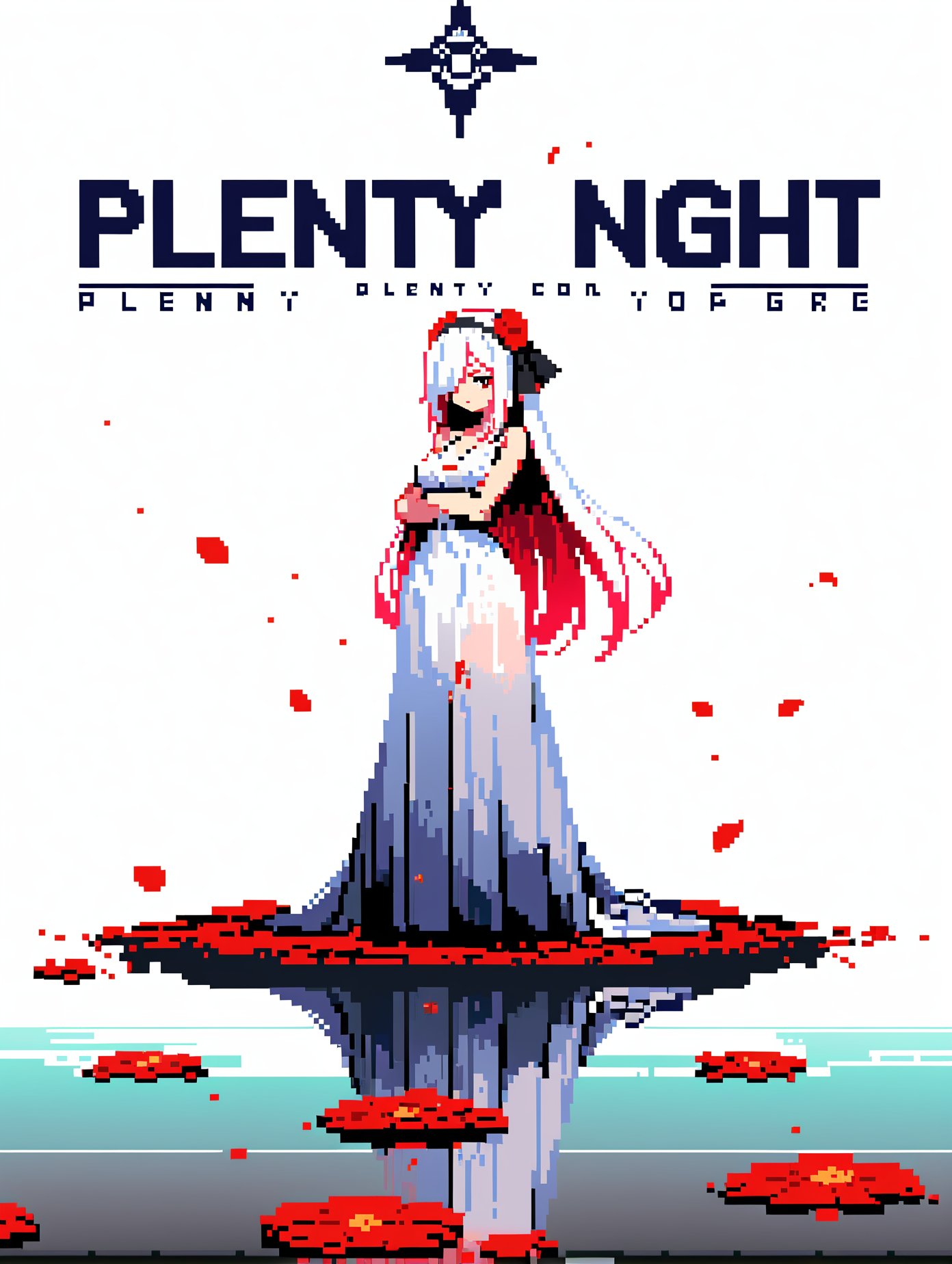 masterpiece,best quality,pixel art,1girl,red eyes,white long translucent night gown,expressionless,(white hair:1.2),hair cover one eye,long hair,red hair flower,kneeling on lake,blood,(plenty of red petals:1.25),(white background:1.3),(English text)<lora:Multiple styles_XL 1.0:0.7>,