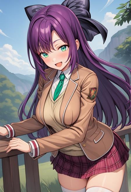 1girl, cowboy shot, smile, open mouth, nature, blue sky, bg_mai, green eyes, purple hair, long hair, hair bow, school uniform, brown jacket, blazer, necktie, long sleeves, shirt, plaid skirt, white thighhighs, <lora:BG_mai_sdxl_ver1:0.7>best quality, masterpiece