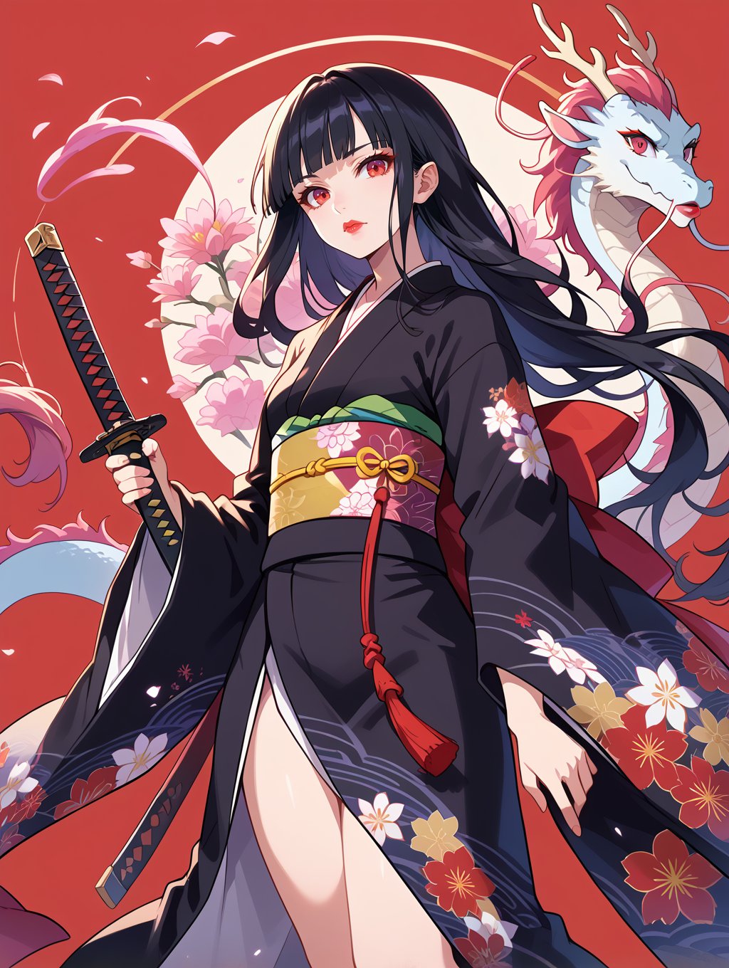 score_9, score_8_up, score_7_up,source_anime,1girl, solo, long hair, looking at viewer, bangs, black hair, red eyes, long sleeves, holding, closed mouth, weapon, japanese clothes, sword, wide sleeves, kimono, holding weapon, lips, sash, holding sword, obi, floral print, katana, sheath, red background, single glove, dragon, red lips, black kimono, eastern dragon