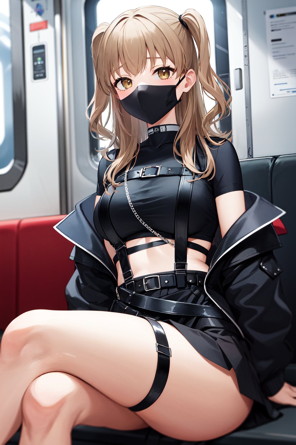 masterpiece, best quality, highres, ddsister, long hair, two side up, wavy hair, black mask, crop top, cropped shirt, black shirt, chest harness, suspenders, off shoulder, black jacket, open jacket, long sleeves, midriff, miniskirt, black skirt, thigh strap, <lora:sister_cleaire_v2:0.7>, train interior, crossed legs, 