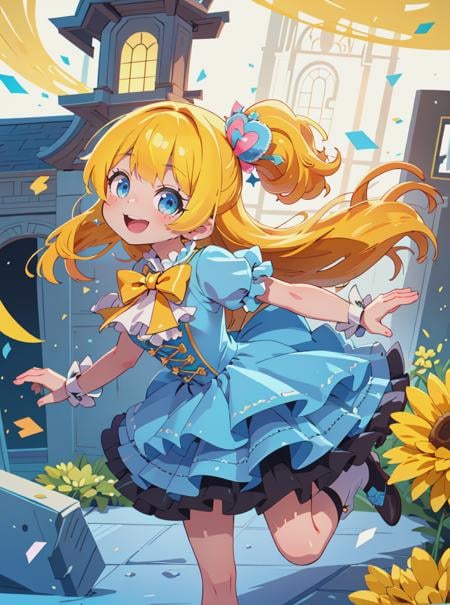 beautiful 1girl wearing a denim blue (idol dress) <lora:idol_dress-2.0:0.8>,layered skirt, frills, ribbon, bow, sequins, (golden yellow hair Bouffant),(Mansion),high angle,running,joyful