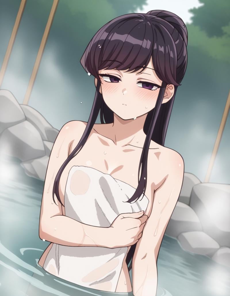 score_9, score_8_up, score_7_up, source_anime,shoukokomi, <lora:shouko-komi-s1s2-ponyxl-lora-nochekaiser:1>,shouko komi, long hair, bangs, black hair, black eyes, half-closed eyes,nude, naked, outdoors, onsen, towel, naked towel, steam, bathing, nude cover, partially submerged, water, bath, steam censor, wet towel, blush,looking at viewer, cowboy shot, dutch angle, solo,