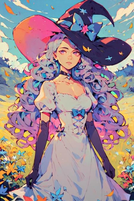 score_9, score_8_up, score_7_up, rainbow style, vibrant colors, vivid colors, 1girl, witch hat, hat, solo, long hair, flower, dress, choker, puffy sleeves, looking at viewer, grass, white dress, bow, hat bow, white hair, black choker, plant, outdoors, blue eyes, purple eyes, black headwear, bangs, long sleeves, gloves, witch, blue bow, wavy hair, short sleeves, puffy short sleeves, elbow gloves, black gloves, standing, field, grey hair, sky, purple bow, breasts, curly hair, parted lips, expressionless, cowboy shot, closed mouth, leaf <lora:Rainbow Style SDXL_LoRA_Pony Diffusion V6 XL:1>