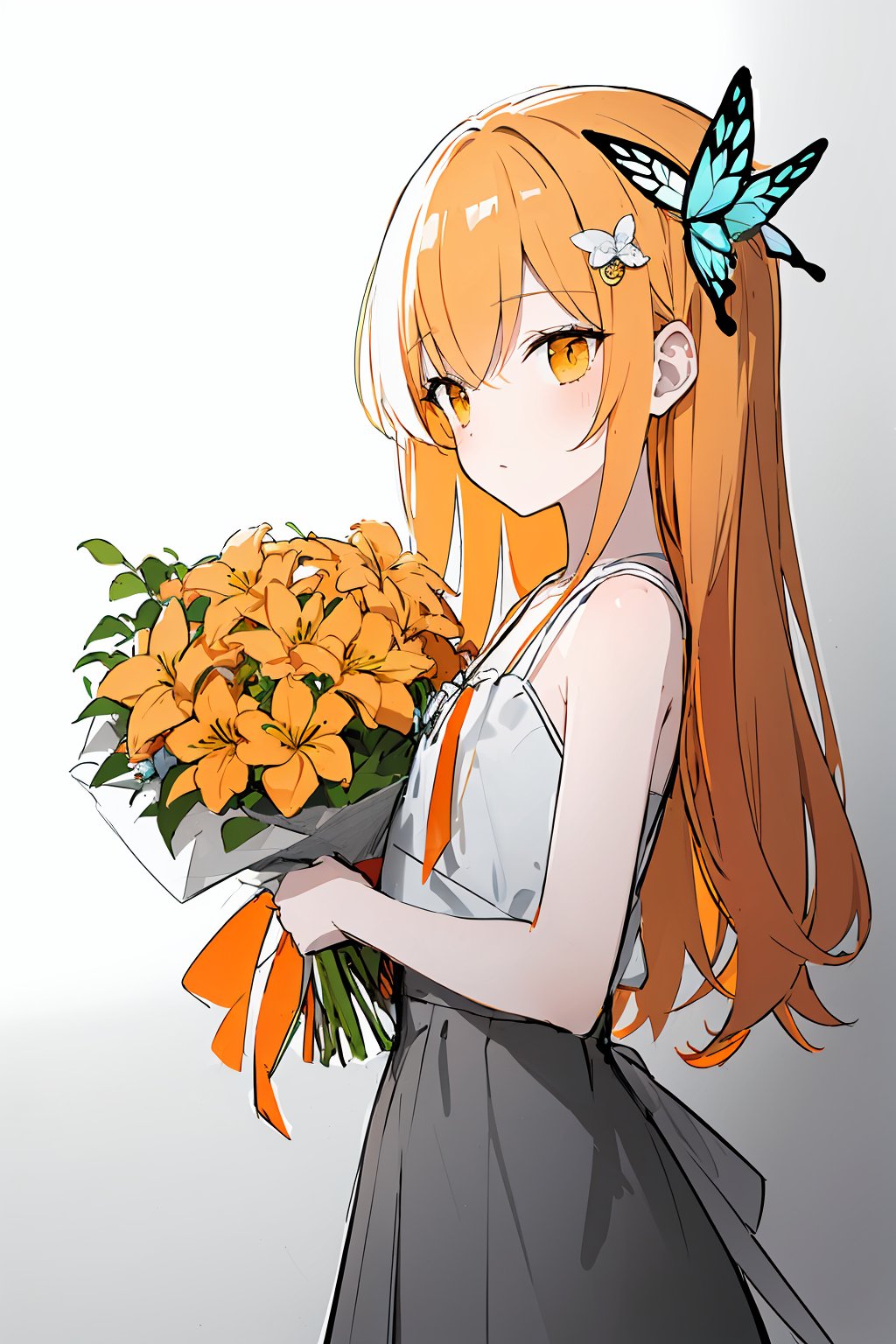 butterfly hair ornament,flat chest,(ambiguous gender:1.2),plain clothes,holding a bouquet of lilies,(from side:0.7) (sketch:1.3),charcoal drawing,rough drawing,selective color monochrome((White, Yellow, Orange)),partial coloring,golden edge,