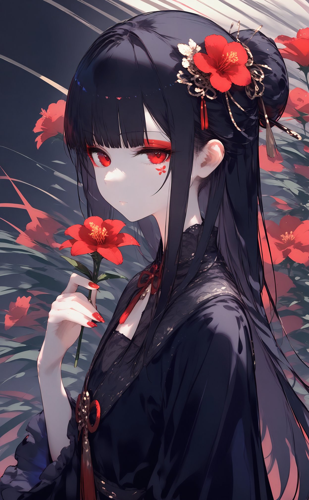 masterpiece,best quality,high quality,(colorful),nai3 Style,loli,transparent,1girl,flower,solo,red eyes,holding flower,hair ornament,black hair,hair flower,holding,long hair,red nails,looking at viewer,white flower,red flower,upper body,blunt bangs,nail polish,long sleeves,tassel,closed mouth,tassel hair ornament,hand up,sidelocks,from side,frilled sleeves,makeup,dress,expressionless,frills,black dress,half updo,flower knot,ribbon,