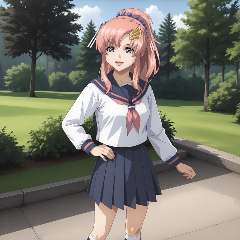 <lora:LacusClyneXLpony002>,looking at viewer,smile,open mouth,solo,LacusClyne,1girl,pink hair,ponytail,blue eyes,hair ornament,outdoors,nature,standing,full body,serafuku,blue sailor color,white shirt,pleated_skirt,socks,loafers,