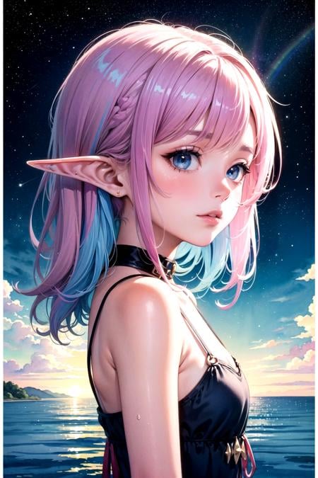 (masterpiece, top quality, best quality,watercolor (medium),official art, beautiful and aesthetic:1.2),(1girl:1.3), (fractal art:1.3),upper body, from side, looking at viewer,patterns,(rainbow color Hair,colorful hair,half blue and half pink hair:1.2),(elf ears:1.2),water,liquid, cloud,colorful, starry,stars,