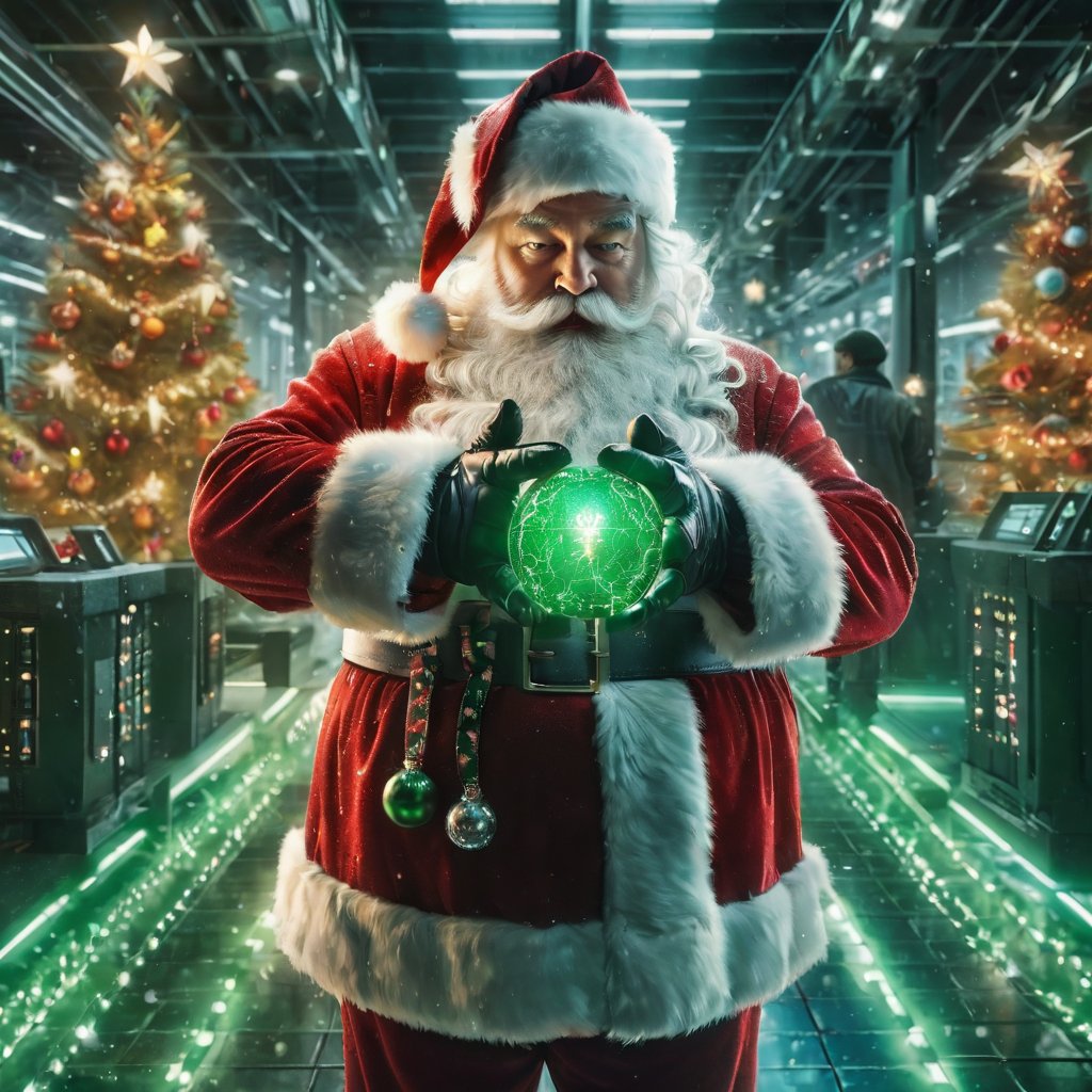 poakl christmas style,(best quality, masterpiece:1.3), hdr, 8k, BREAK Santa in a futuristic setting, controlling the green code lines of the Matrix with a menacing glare and clenched fists. BREAK ChristmasQuiron style,<lora:poaklSDXLchristmas-000008:0.6>,