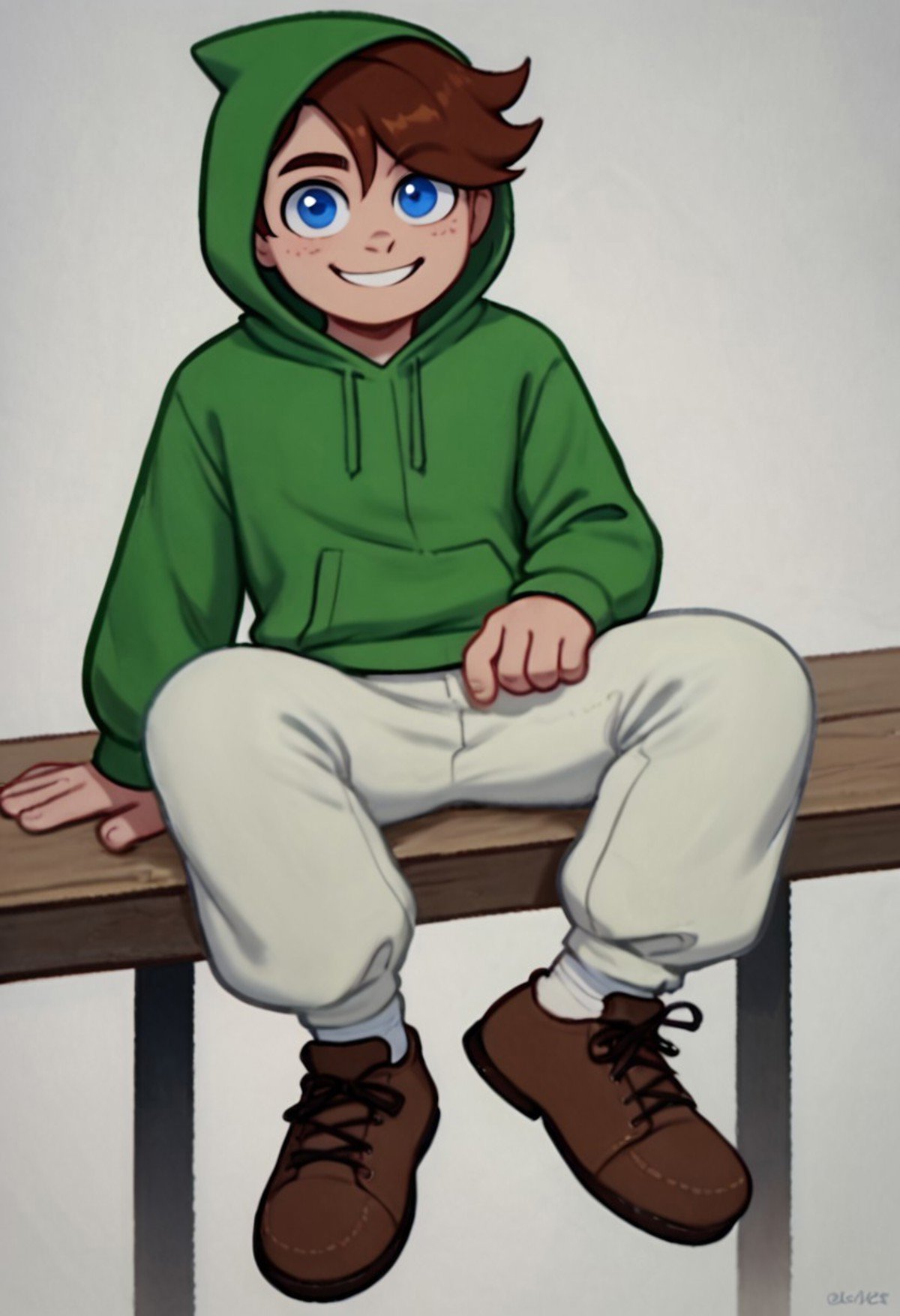 score_9, score_8_up, score_7_up BREAK FlcrDex, 1boy, brown hair, blue eyes, green hoodie, white pants, brown shoes, smiling at viewer,