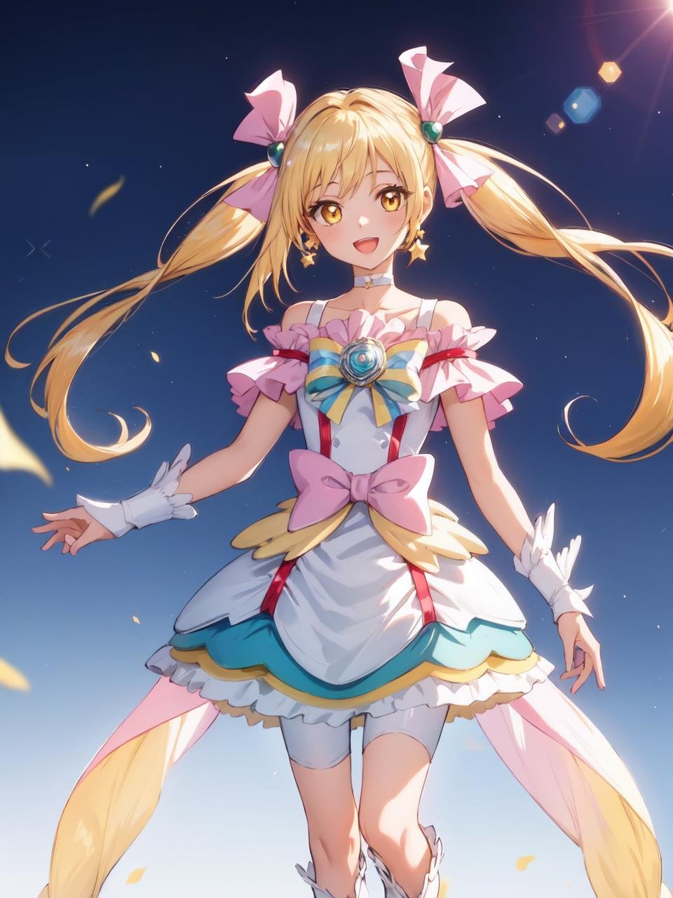 masterpiece, best quality, looking at viewer, depth of field, standing, open mouth,1girl, <lora:locon_cure_echo_01:0.95>, cure echo, blonde hair, twintails, hair ribbon, knee boots, earrings, arm warmers, brooch, choker, yellow eyes, shorts under skirt, white shorts, smile, ((gradient background)), lens flare,