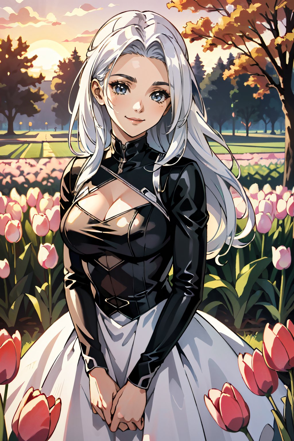 ((ultra detailed, masterpiece, absurdres)) <lora:SpiderBlackCat:0.9>SpiderBlackCat, 1girl, white hair, long hair, in a field of tulips, golden hour, elegant dress, smiling