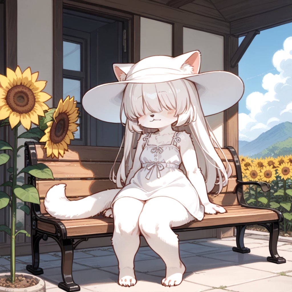 score_9, score_7_up, source_anime, rating_safe,(furry mature female:1.2),furry, cute, child,fur,body fur,white fur,feathers fur,,long hair,hair over eyes,white sundress sun hat,sunflower,on bench, from side, (bottom heavy, thick thighs, narrow waist,tail, barefoot, wide hips:1.2),<lora:sdxl-boldline:1.5> 