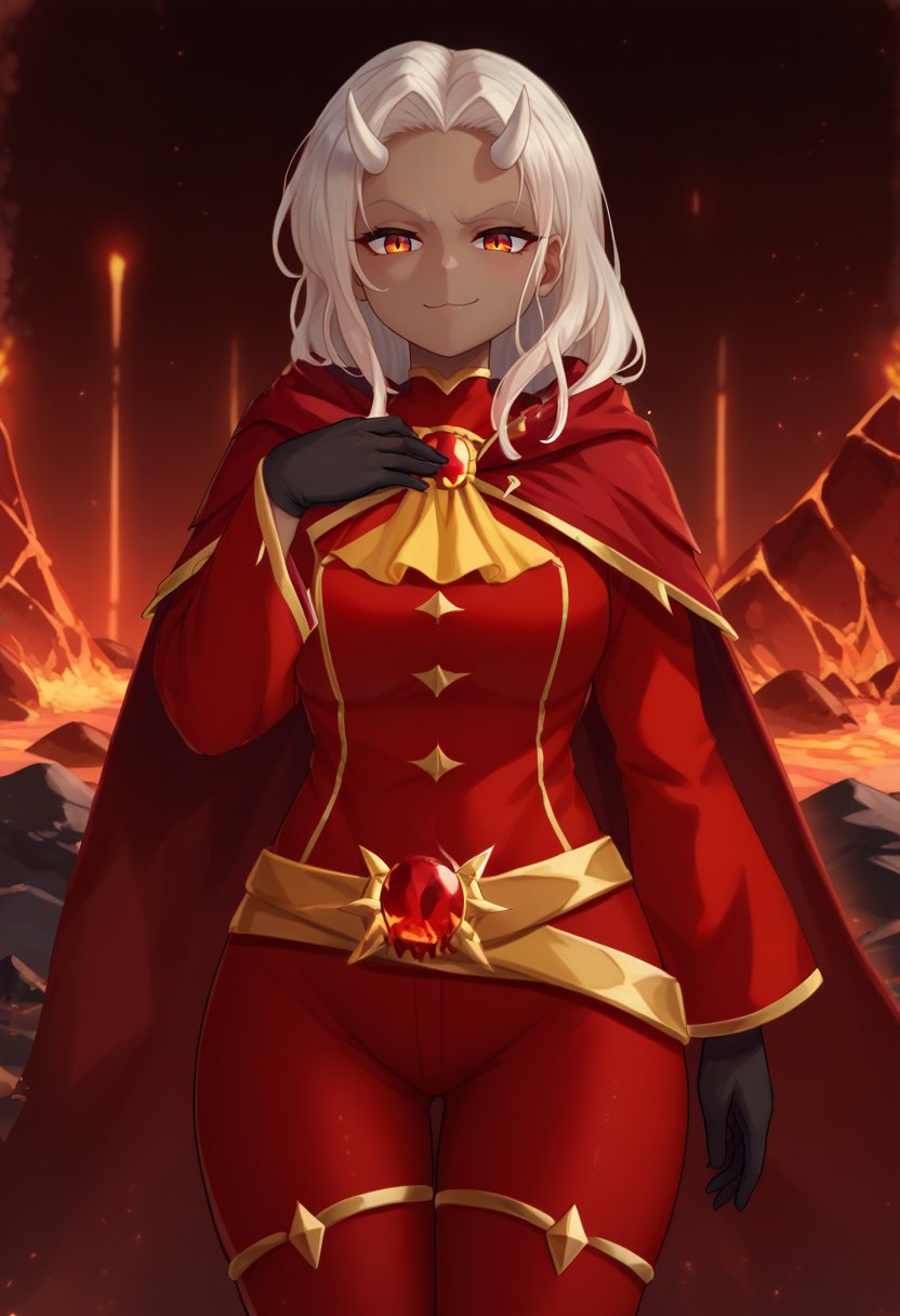 score_9, score_8_up, score_7_up, source_anime, cowboy shot, third-quarter view, solo, 1girl, calamitas, dark skin, smug, looking at viewer, hand on own chest, white hair, demon horns, gold trim, red cape, red robe, yellow ascot, long sleeves, black gloves, red leggings, gold belt, molten rock, volcano <lora:terraria_calamitas_ponyXL:1>