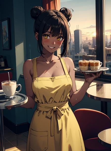 4k, fine detail, masterpiece, high quality eyes,perfect light, soft shadows, best character art , 1 girl, half nude, open clothes,medium breasts, very dark skin, yellow eyes, black hair, hair bun, yellow dress, apron, smile, grin, blush, sweat skin, cafe, table in a cafe, tray, window, view of the city from the window, sunset, light from the setting sun