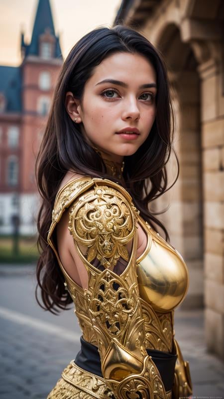 (best quality, masterpiece, colorful, highest detailed), (photorealistic:1.2), raw photo, upper body photo, fashion photography of cute (cute portrait of a Romanian-girl), perfect bobbed black hair, in high detailed medieval gold armor, metal gold reflections, high detailed chainmail, upper body, outdoors, professional photograph, award winning photography, (ultra-detailed body), (light smile:0.3), softlight passing through hair, (far away castle background), (Sharp focus), (dynamic angle), exposure blend, bokeh, dim light, (hdr:1.4), high contrast, (muted colors, dim colors, soothing tones:1.3), low saturation, morbid(extremely intricate:1.3)