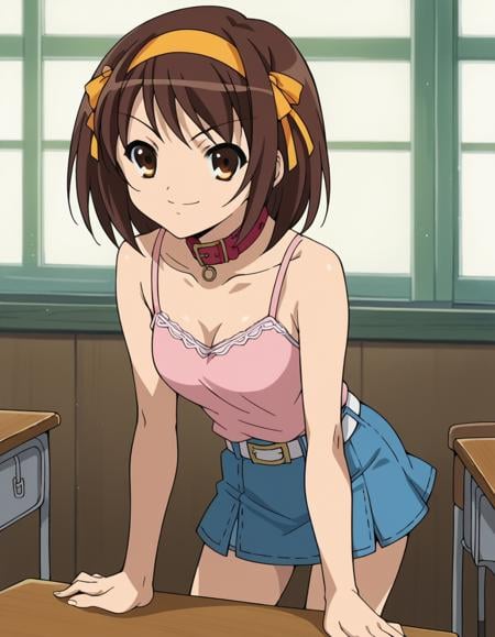 score_9, score_8_up, score_7_up, source_anime,haruhisuzumiya,  <lora:haruhi-suzumiya-s1-ponyxl-lora-nochekaiser:1>,haruhi suzumiya, short hair, brown hair, brown eyes, hairband, medium hair, ribbon, hair ribbon,skirt, casual, camisole, pink camisole, bare shoulders, collar bone, belt, white belt, skirt, denim skirt, short skirt,indoors, classroom, bent over, smile,looking at viewer, cowboy shot, solo,