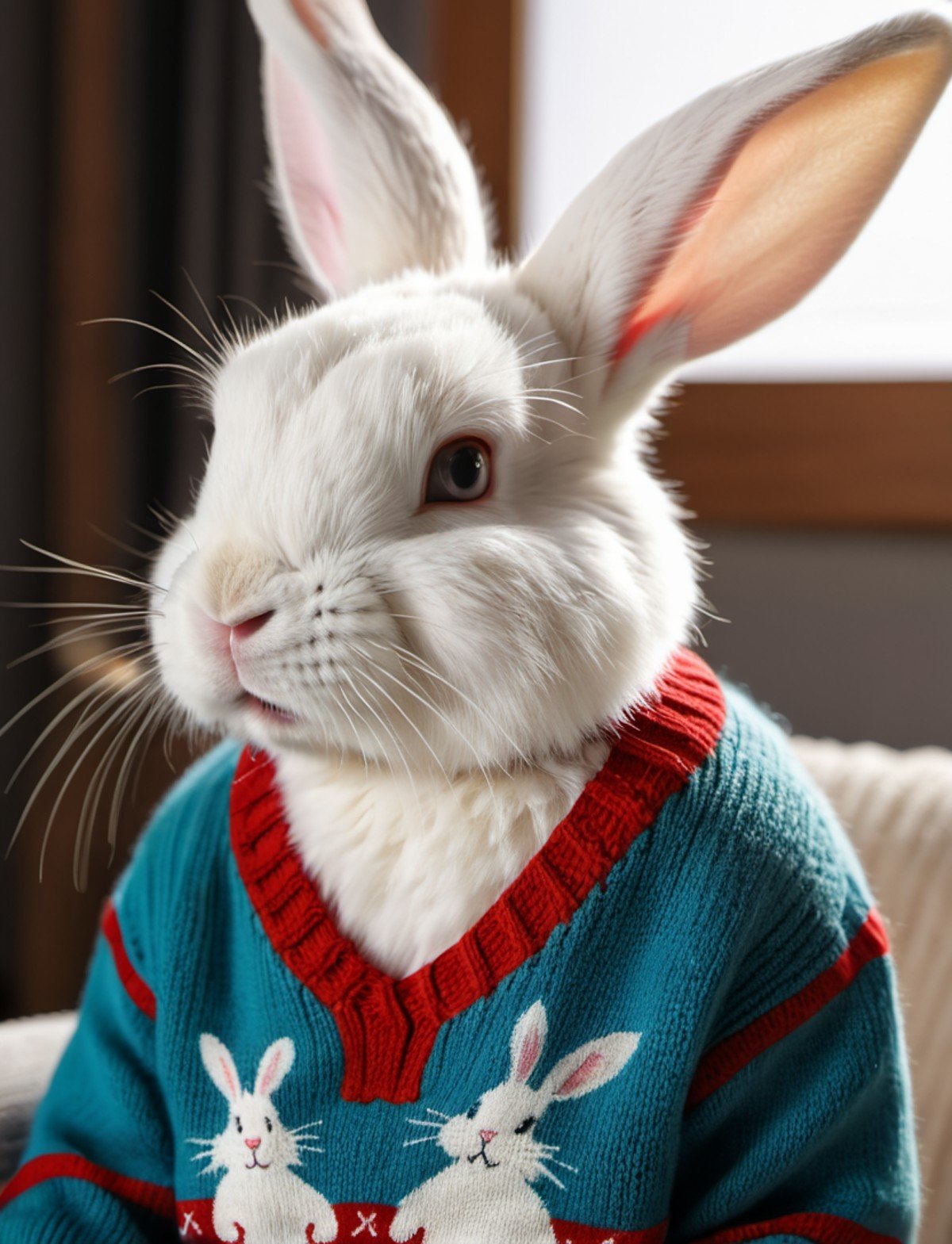 a tired cartoon albino rabbit in a sweater., 8k uhd, dslr, soft lighting, high quality, film grain