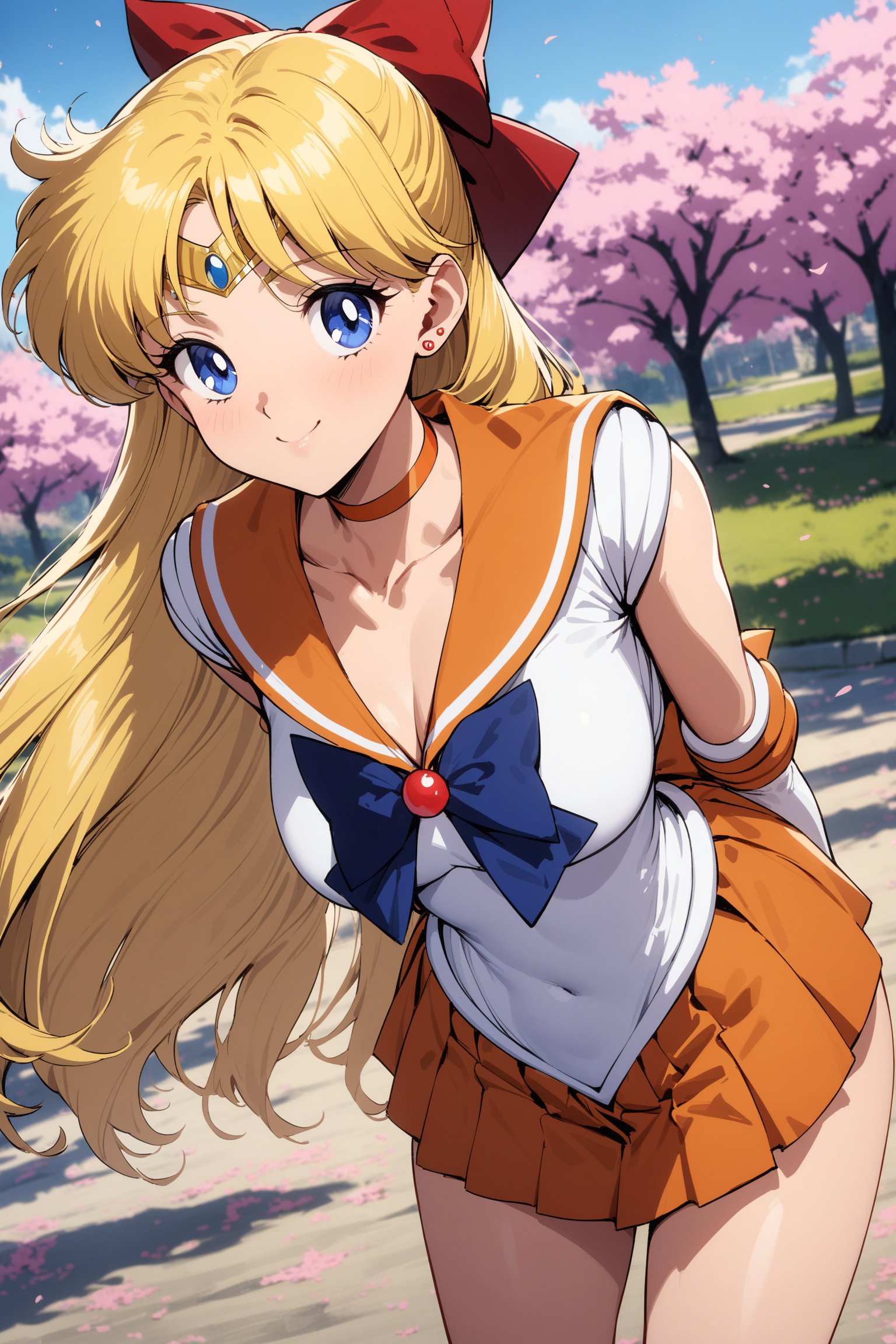 masterpiece, best quality, very aesthetic, absurdres, aavenus, long hair, blonde hair, hair bow, tiara, blue eyes, earrings, orange choker, collarbone, orange sailor collar, blue bowtie, white shirt, white leotard, elbow gloves, white gloves, pleated skirt, orange skirt,  <lora:sailor_venus_XL_v1(anima):0.9>, smile, arms behind back, cherry blossoms, standing, cowboy shot, outdoors, leaning forward, bent over,