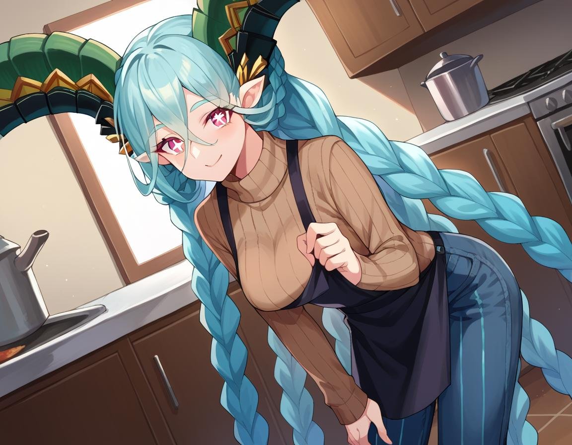 score_9, score_8_up, score_7_up, source_anime,fatetiamat, <lora:fate-tiamat-ponyxl-lora-nochekaiser:1>,tiamat, absurdly long hair, aqua hair, braid, curled horns, gradient hair, horns, long horns, multicolored hair, pink eyes, pointy ears, symbol-shaped pupils, twin braids, x-shaped pupils,apron, black apron, brown sweater, ribbed sweater, sweater, turtleneck, turtleneck sweater, pants, denim,indoors, kitchen, bent over, smile,looking at viewer, cowboy shot, dutch angle,