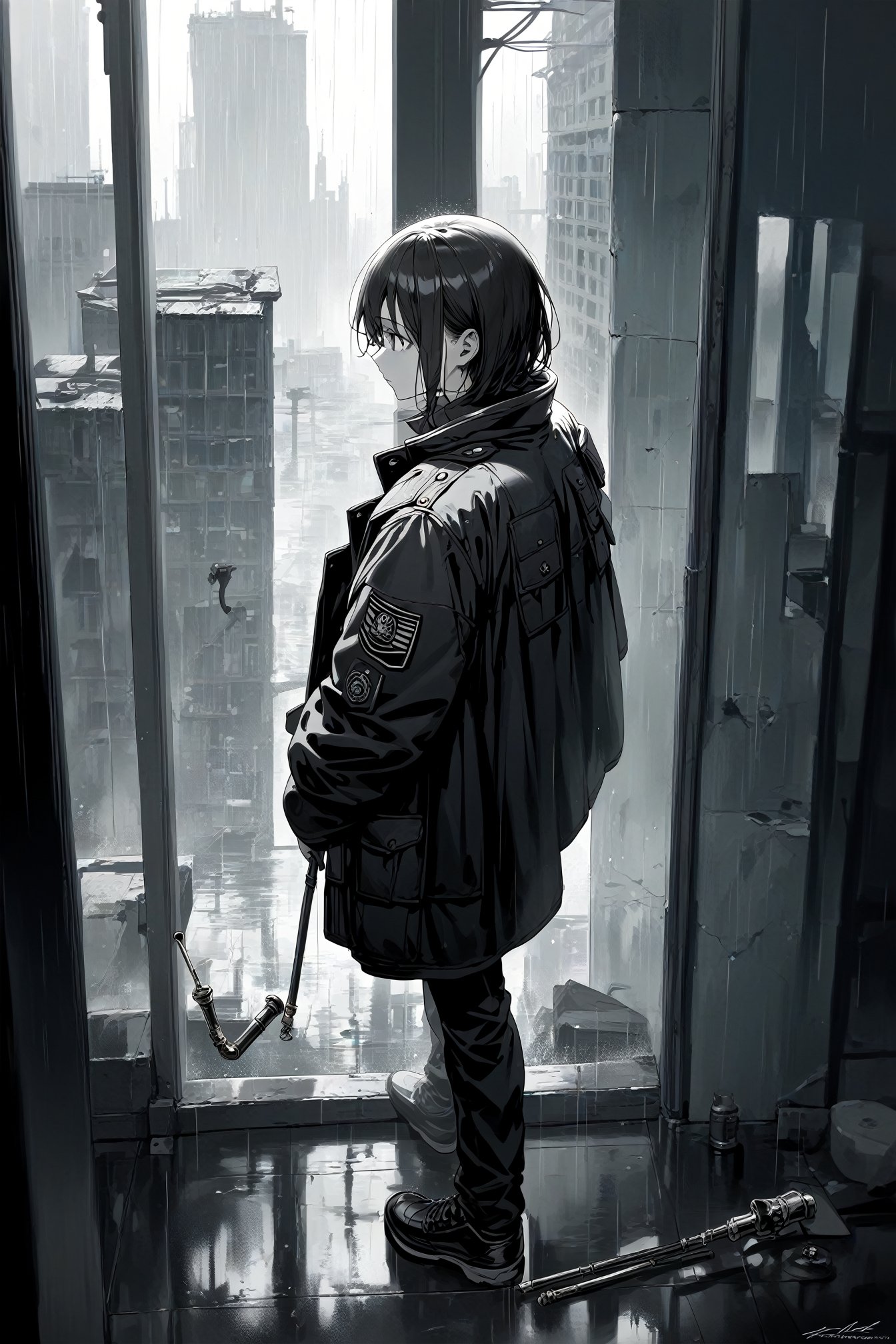 emotionless,looking at another walking full body from side1girl,military,uniform,jacket2023,from aboveabandoned ruin,pipe,rain,fragile,indoor,skyscraper,dark_background,monochrome,grey_scale(score_9,score_8_up,score_7_up,score_6_up), rating_explicit, best quality, masterpiece, 2k,shiny skin reflection,<lora:DetailedEyes_V3:0.8>