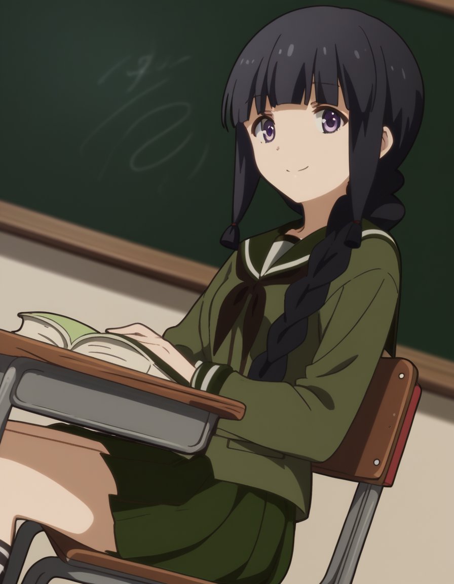 score_9, score_8_up, score_7_up, source_anime, <lora:kancolle-kitakami-s1-ponyxl-lora-nochekaiser:1>, kitakami, long hair, bangs, black hair, purple eyes, braid, blunt bangs, single braid, hair over shoulder, kitakami (kancolle), skirt, school uniform, serafuku, green skirt, pleated skirt, green shirt, green sailor collar, classroom, chalkboard, day time, studying, sitting, chair, desk,, , looking at viewer, smile, from below, solo,, cowboy shot, dutch angle