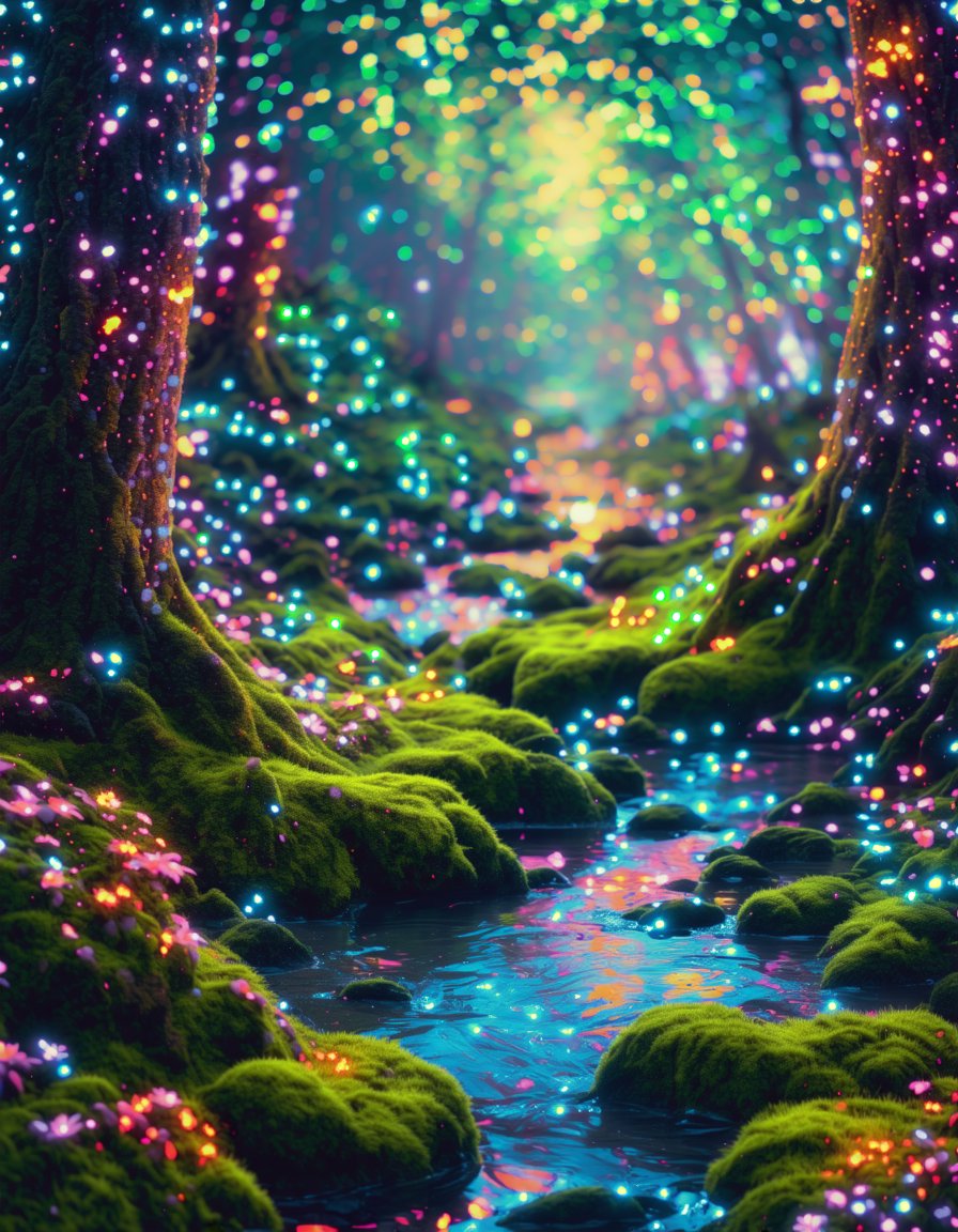 best quality, 4K, 8K, high-resolution, masterpiece, ultra-detailed, photorealistic,  a digital painting of a stream in a forest at night with colorful lights on the trees and moss on the ground, flower, outdoors, day, water, blurry, tree, no humans, petals, depth of field, sunlight, grass, plant, scenery, nature, forest, river,