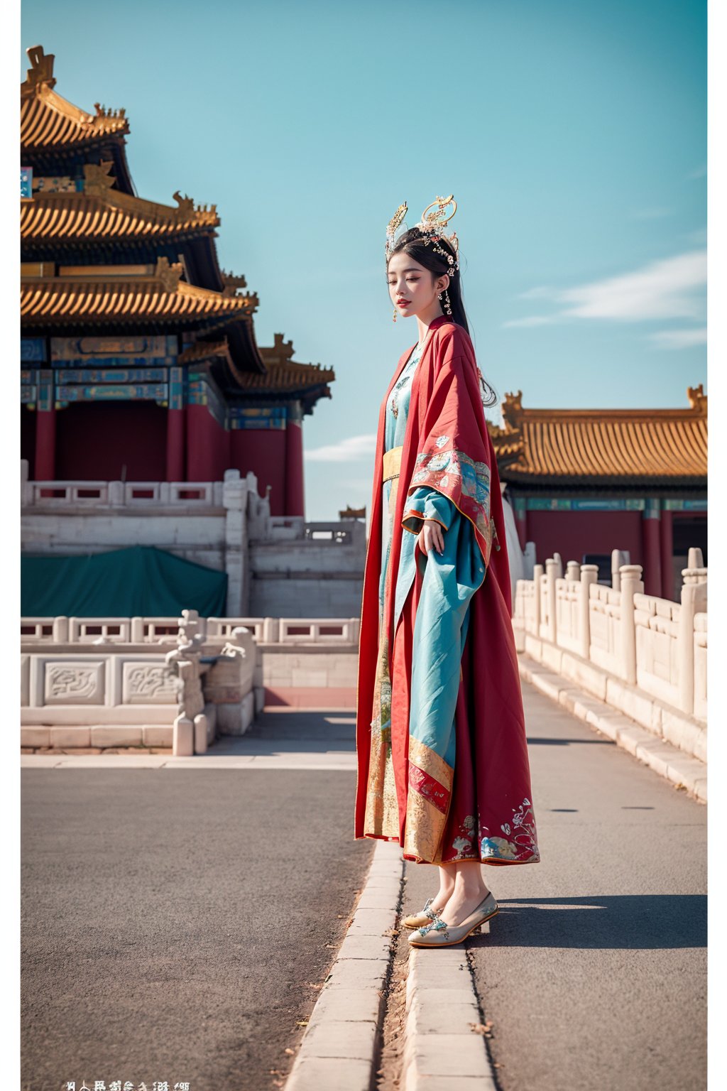 gugong, sky, cloud, sky, 1 Hanfu girl, fine headdress, whole body, embroidered shoes, face, looking at the audience, no feet, solo, outdoor, five fingers, 2 hands, blue sky, scenery, East Asian architecture, architecture, Forbidden City, road, 8K, photography Wilight W resolution,