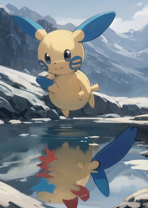 minunplusle, frozen lake, <lora:MinunPlusle-08:0.90>,chibi, pokemon (creature), 