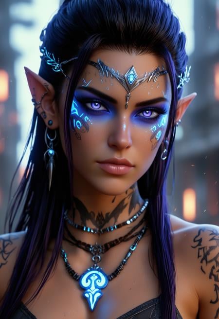 photo of a cyberpunk barbarian Battlecore woman with glowing opalescent third eye, highly detailed glowing Elvish runes tattooed to the irises, glowing Elvish, Stealth Skin, runes on cheeks, runes on jaw line, runes on ears, runes on forehead,