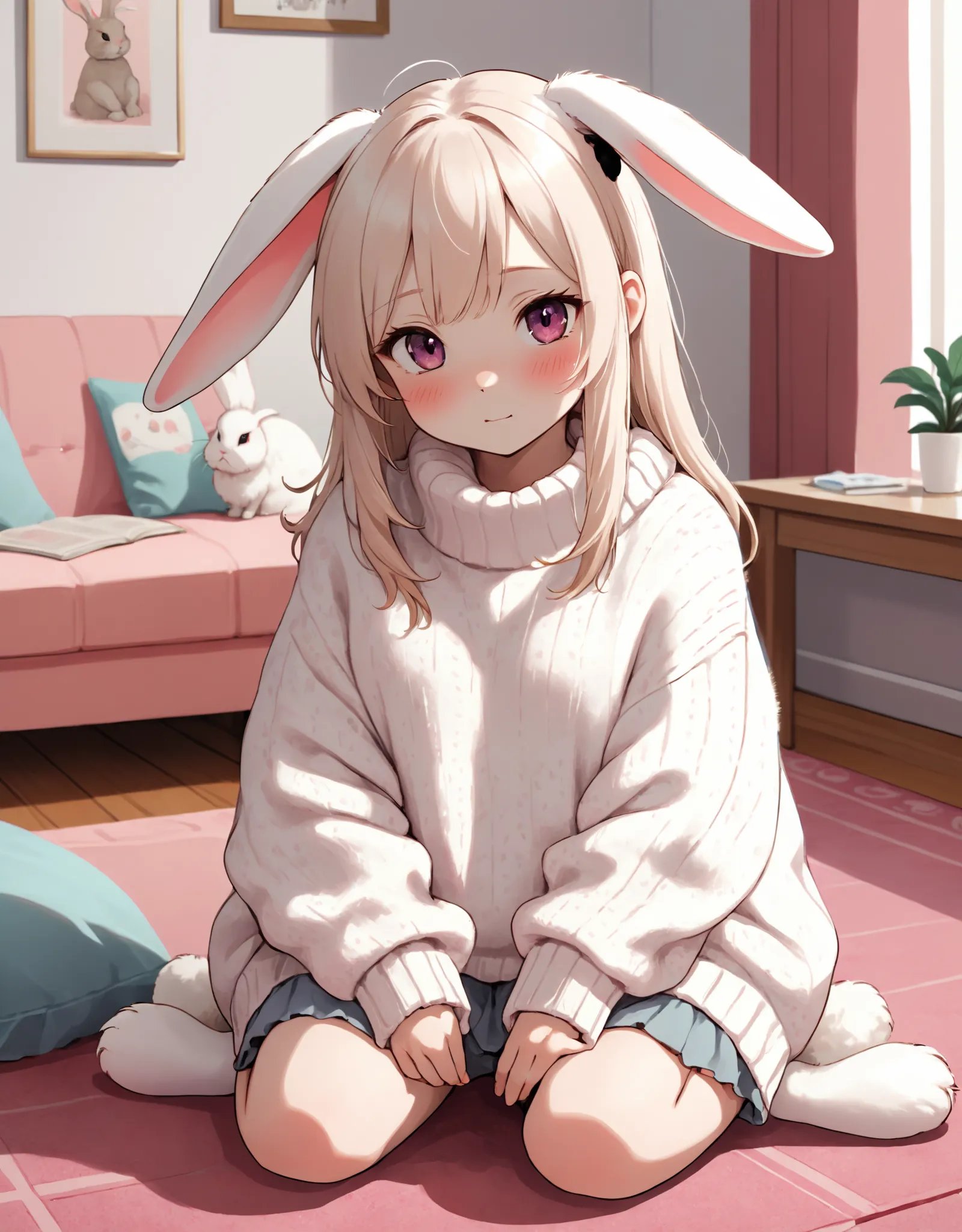 Photo of a Lop-Eared Rabbit Girl wearing a fluffy white sweater, sitting in her private room on a pink rug