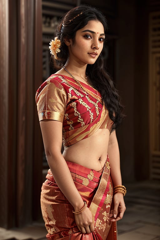 Against the backdrop of a temple, a 20-year-old girl stands in the grace of her wedding attire—a resplendent Kancheepuram Silk saree adorned with a jasmine flower in her hair. This digital illustration captures the essence of tradition and love. The artist's style pays homage to intricate patterns, accentuating the saree's beauty. Her pose exudes a blend of excitement and reverence. The color palette reflects the vibrancy of the occasion, enhancing the scene's richness. The jasmine flower adds a delicate touch, complementing the elegance of her ensemble. The soft, warm lighting envelops her in a sacred radiance, creating a moment of profound significance. --v 5 --stylize 1000, <lora:EMS-7913-EMS:0.8>, <lora:EMS-8090-EMS:0.8>, <lora:EMS-936-EMS:0.8>