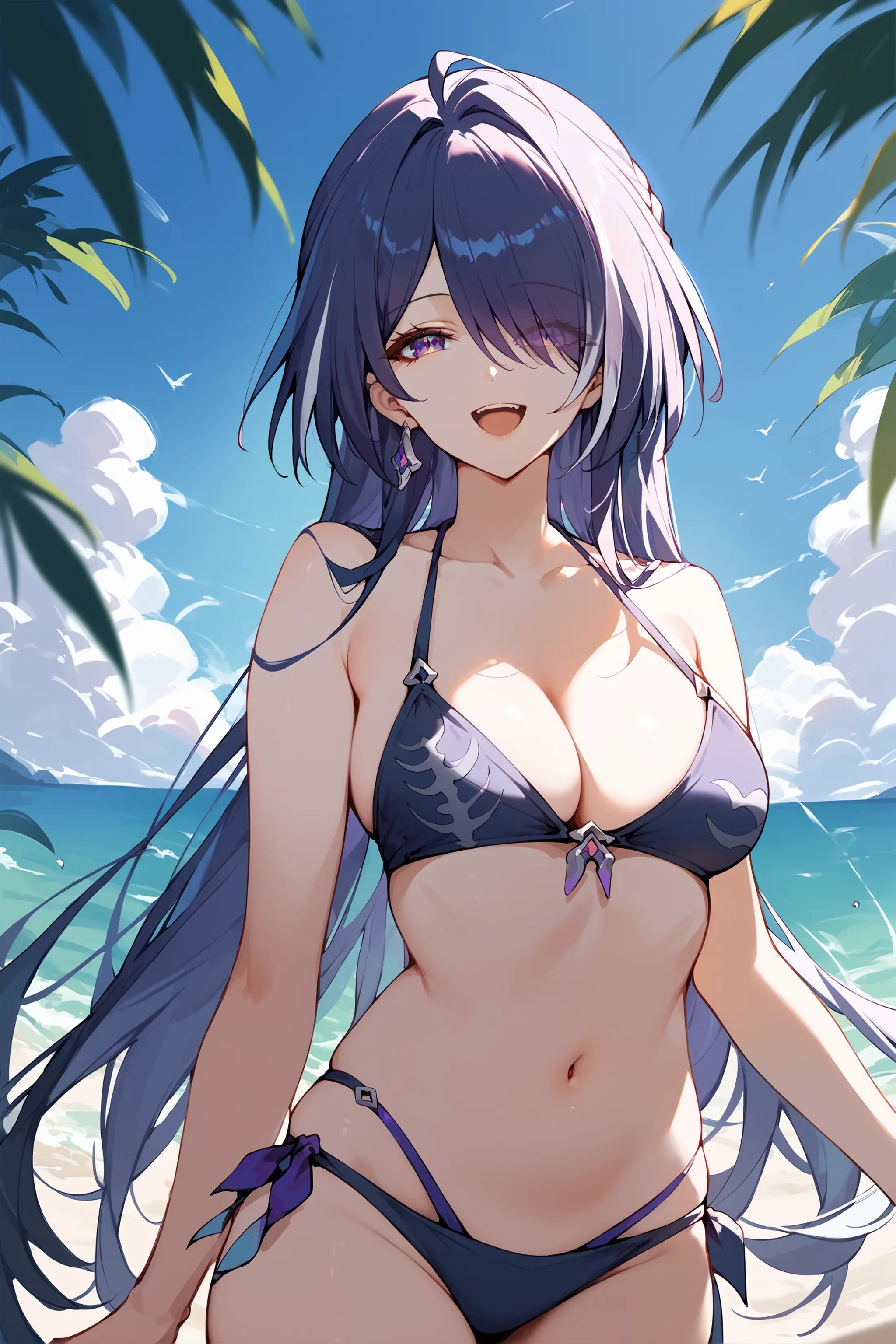 score_9, score_8_up, score_7_up, 1girl, acheron \(honkai: star rail\), bikini, cowboy shot, looking at viewer, beach, ocean, sunlight, blue sky, depth of field, laughing <lora:Char-HonkaiSR-Acheron-Pony-V1:0.9>