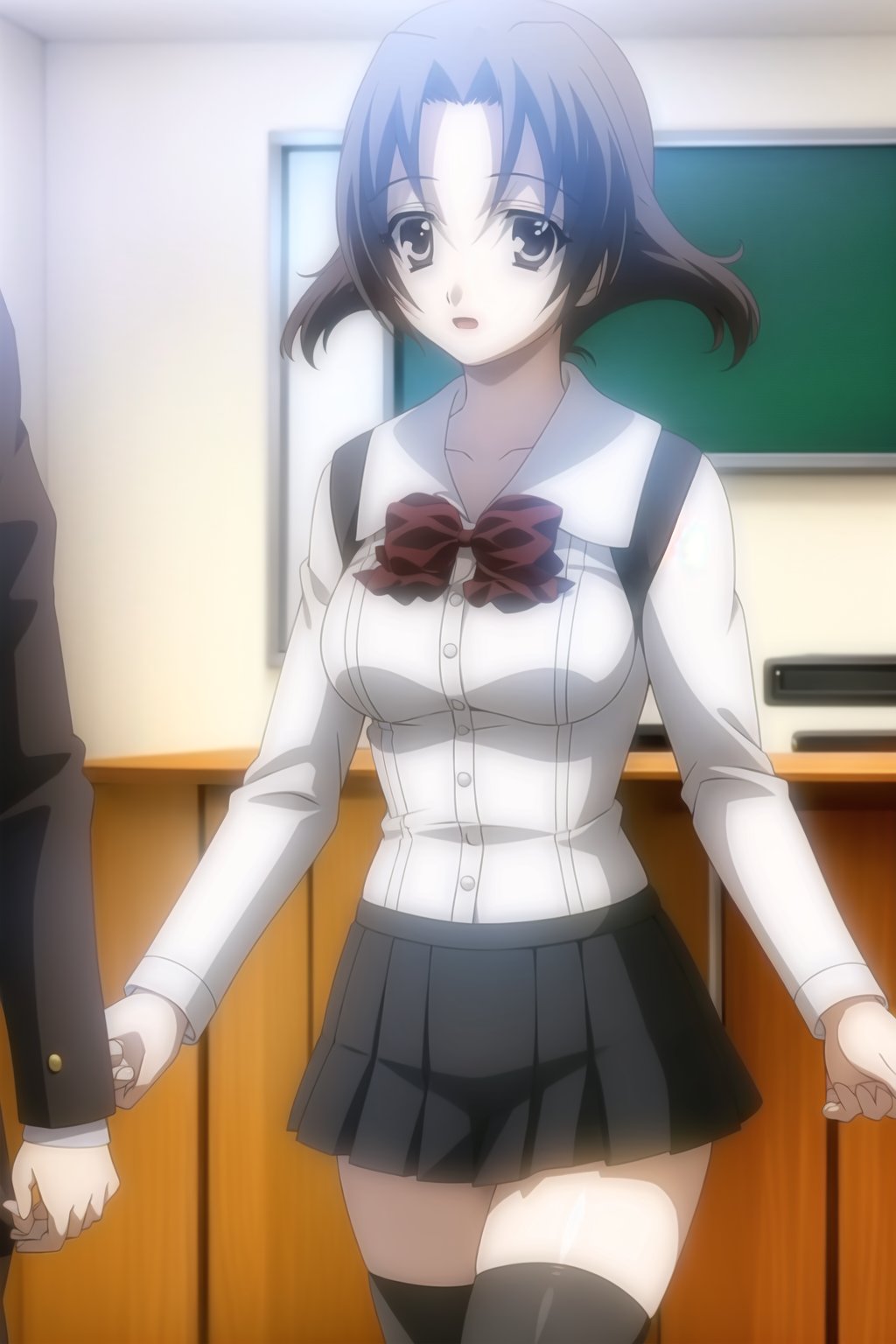 1girl, solo, (young woman, 16 years old), minami obuchi, short_hair, brown_hair, bangs, grey eyes,BREAK (waist-length skirt), thighhighs, school uniform, shoes, black thighhighs, zettai ryouiki, bow, red bow, white shirt,BREAK indoors, classroom,BREAK looking at viewer, standing, solo_female<lora:EMS-407829-EMS:1.000000>, <lora:EMS-29471-EMS:0.300000>