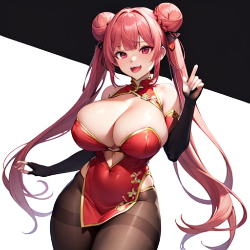 1girl, solo, original, chinese clothes, red dress, brown bodysuit, brown pantyhose, cleavage, cleavage cutout, bare shoulders, detached sleeves, red eyes, pink eyes, streaked hair, long hair, twintails, cone hair bun, huge breasts, curvy, thick thighs, bouncing breasts, seductive smile, naughty face, lewd, sexy, hot, glamorous, blunt bangs, standing, cleft of venus, white background, simple background, anime screencap, anime coloring, key visual, studio anime, standing, 