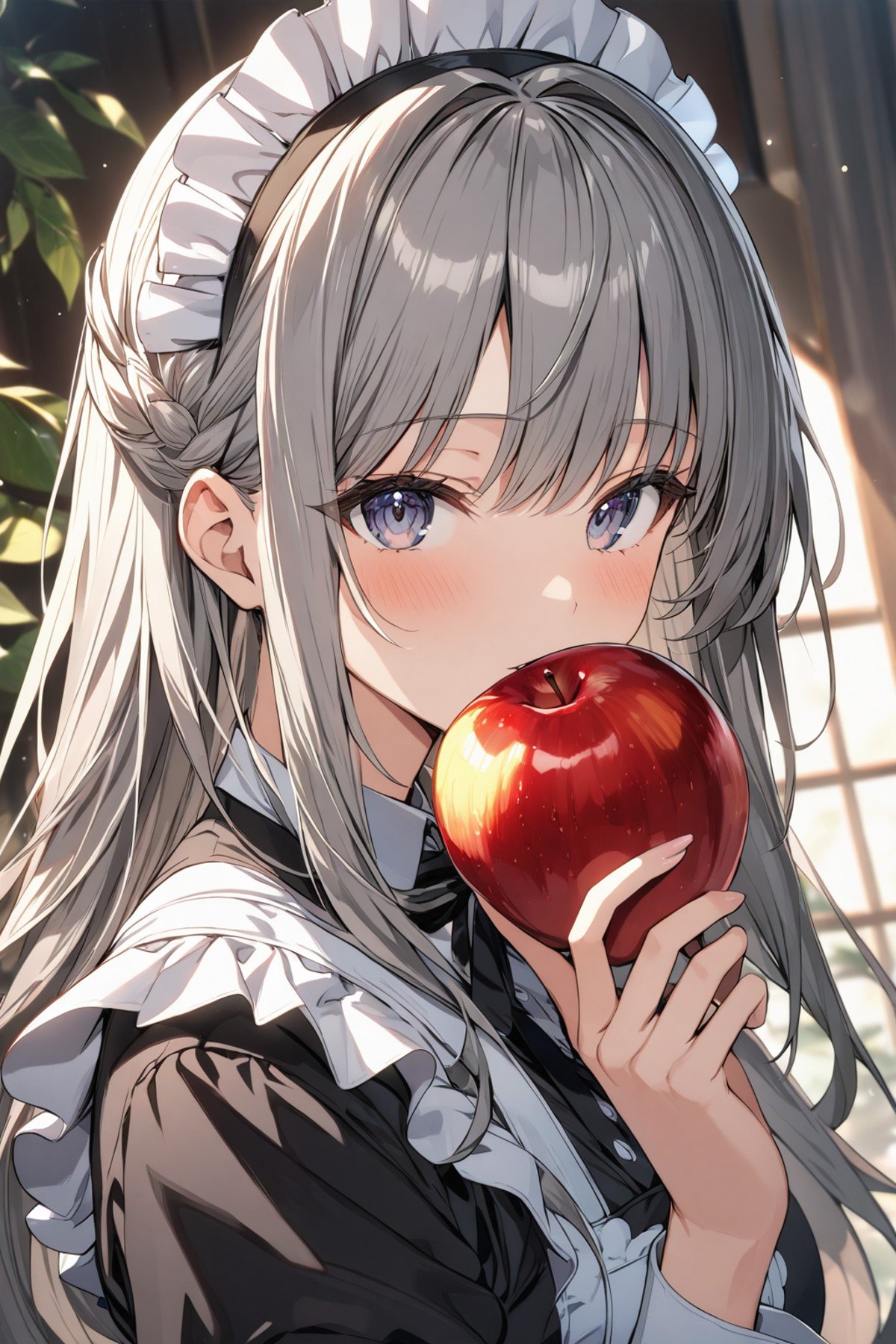 1girl,solo,Grey hair,long hair,maid's outfit,close-up of face,looking at viewer,holding apple in hand,highly detailed,best quality,absurdres,detailed,HDR,natural light,