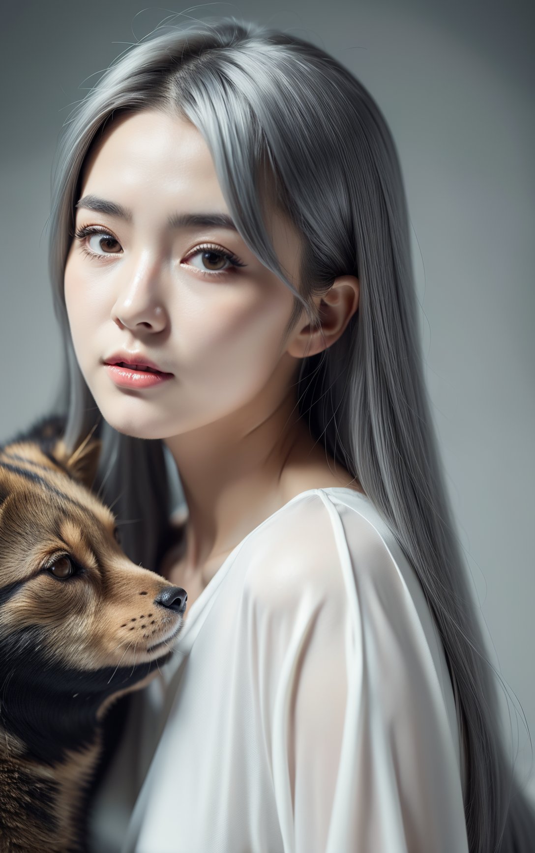 (((masterpiece))) , (((best quality))) , anime style, 2d, Mature Gorgeous thin (cute 1girl, solo:1.2) surrounded by a couple of animals, Valedictorian, her hair is Gray, key visual