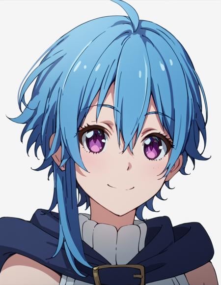 score_9, score_8_up, score_7_up, score_6_up, score_5_up, score_4_up, source_anime, , Ruri, short hair, hair between eyes, blue hair, purple eyes, sidelocks,  soft smile, portrait