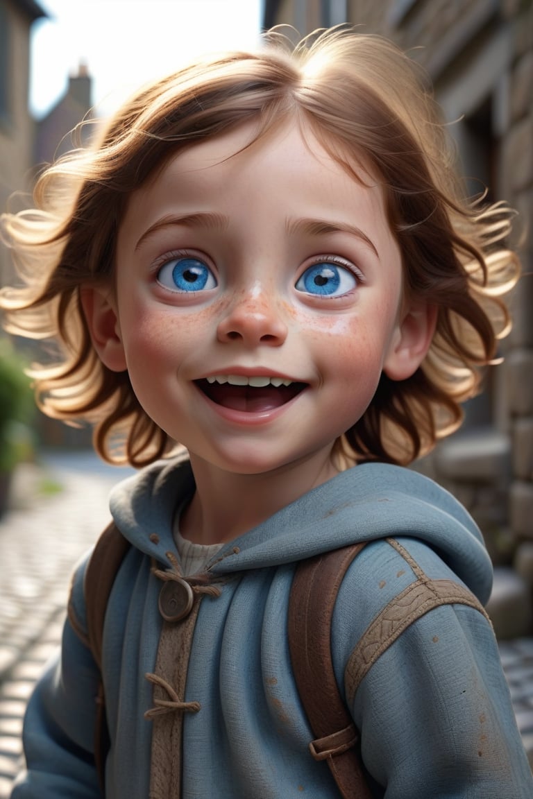 Create a highly detailed, 3D animated portrait of a young child with strikingly expressive blue eyes, a wide smile, and a look of innocent wonder. The child should have freckles and tousled brown hair, with the lighting highlighting the texture of the skin and hair. Position the child on a cobblestone street, with the background subtly blurred to keep the focus on the child's face. The setting should suggest a historical or medieval context, with the child wearing simple, rough-spun clothing. The overall tone of the image should evoke a sense of curiosity and adventure, capturing the child's awe and excitement at exploring their surroundings