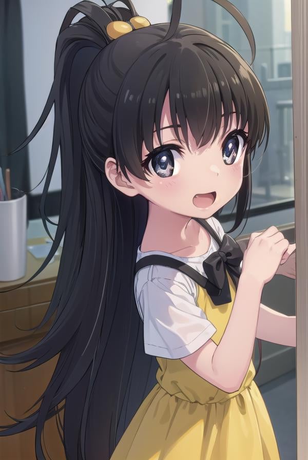 hinatakanashi, <lora:hina takanashi s1-lora-nochekaiser:1>,hina takanashi, long hair, black hair, (black eyes:1.3), ponytail, antenna hair, child, smile, open mouth,BREAK dress, yellow dress, short sleeves,BREAK indoors,BREAK looking at viewer, (cowboy shot:1.5),BREAK <lyco:GoodHands-beta2:1>, (masterpiece:1.2), best quality, high resolution, unity 8k wallpaper, (illustration:0.8), (beautiful detailed eyes:1.6), extremely detailed face, perfect lighting, extremely detailed CG, (perfect hands, perfect anatomy), 