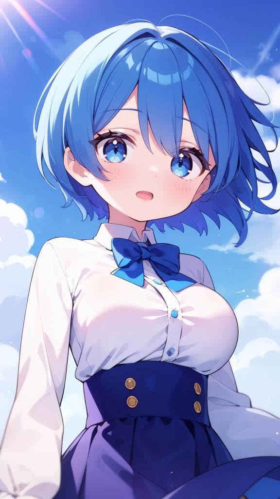 masterpiece, best quality, solo, petite,short hair, blue hair, straight hair, blue eyes, white shirt, open mouth, bowtie, large breasts, button gap, blank eyes,blue sky, wind,