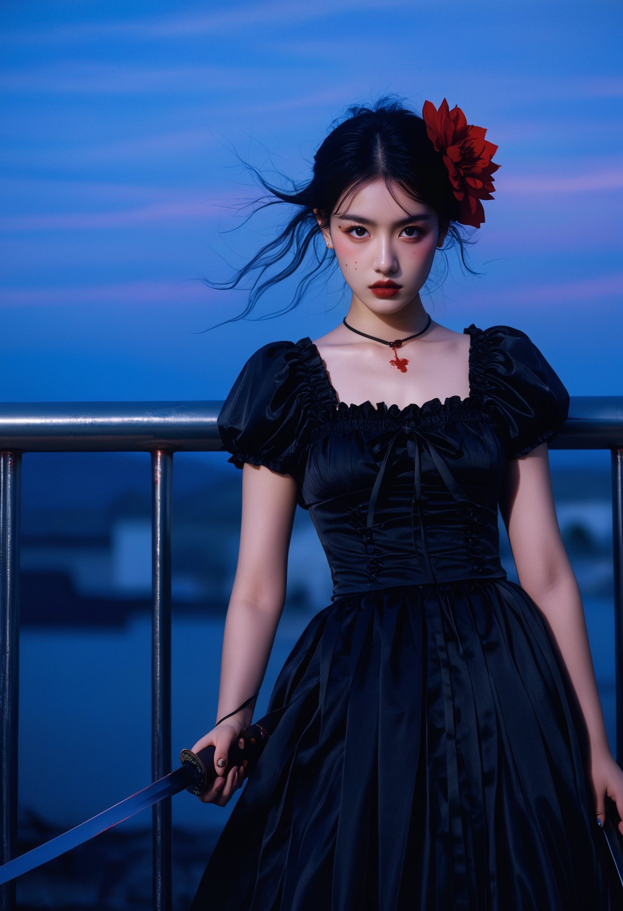 photograph Photograph, young woman in black Gothic dress, holding a katana with a blood-stained cloth, red flower in hair, standing against a metal railing, dusk sky in the background, intense expression, dramatic lighting., 50mm . cinematic 4k epic detailed 4k epic detailed photograph shot on kodak detailed cinematic hbo dark moody, 35mm photo, grainy, vignette, vintage, Kodachrome, Lomography, stained, highly detailed, found footage