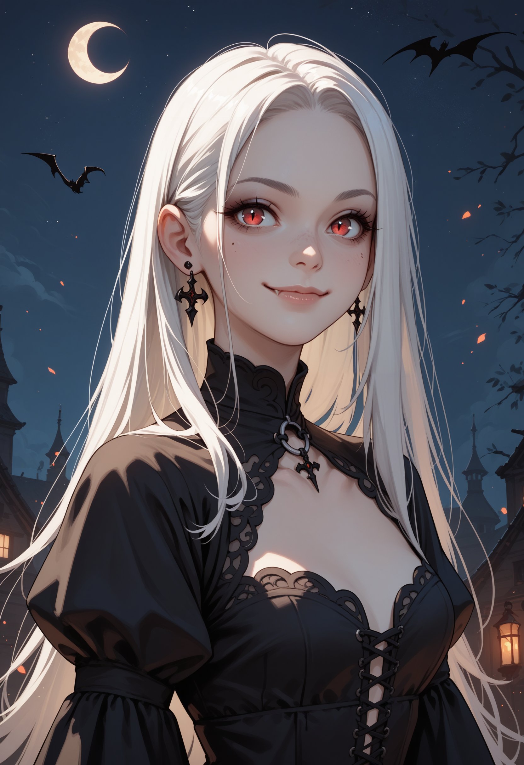 score_9, score_8_up, score_7_up, score_6_up, score_5_up, score_4_up, 1girl, vampire, long hair, white hair, smile, closed mouth, night sky, upper body, black dress, gothic clothes