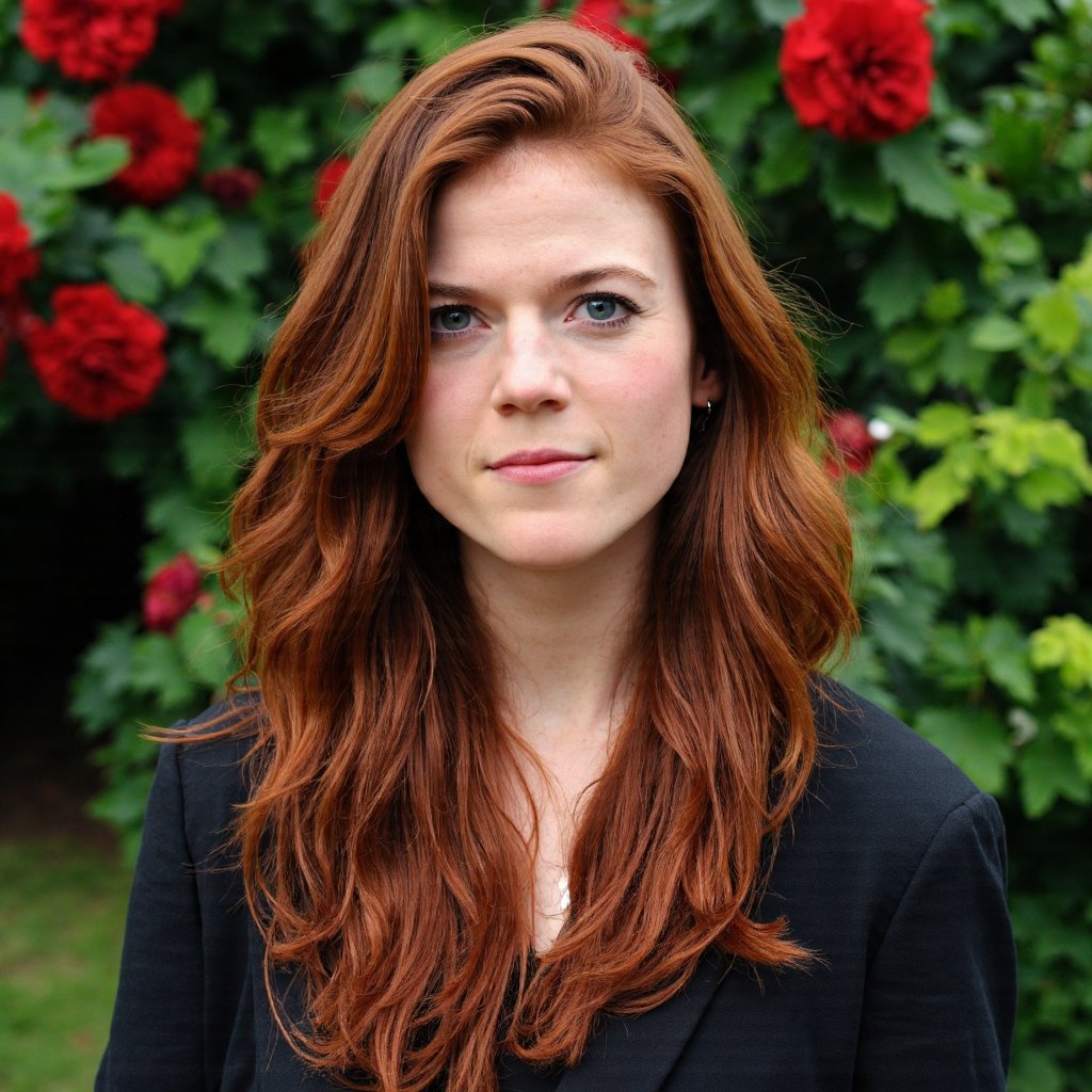 A portrait of rose_leslie with long, wavy, reddish-brown hair and striking blue eyes. She is set against a backdrop of green foliage and red flowers, indicating a garden or park setting. The woman's gaze is direct and intense, and her expression is calm and contemplative. She wears a simple, dark-colored top. The image style is candid and natural, capturing a moment of serenity and introspection.